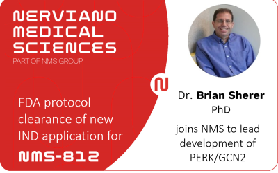 Nerviano Medical Sciences announces FDA protocol clearance of new IND application for NMS-812, a first-in-class dual inhibitor of PERK/GCN2. Brian Sherer, PhD. appointed to lead and accelerate the development.